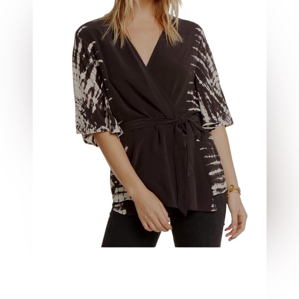 Chaser wrap top 100% crepe silk flounce sleeve kimono boho whimsy sz sm